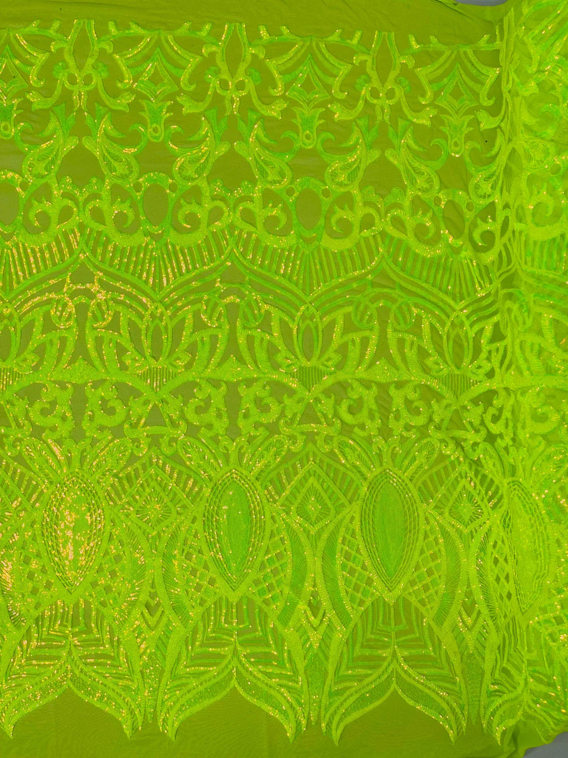 Lime Green Iridescent - 4 Way Stretch Embroidered Royalty Sequins Design Fabric By Yard