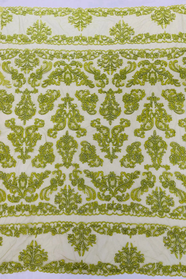 Beaded My Lady Damask Design - Lime Green - Beaded Fancy Damask Embroidered Fabric By Yard