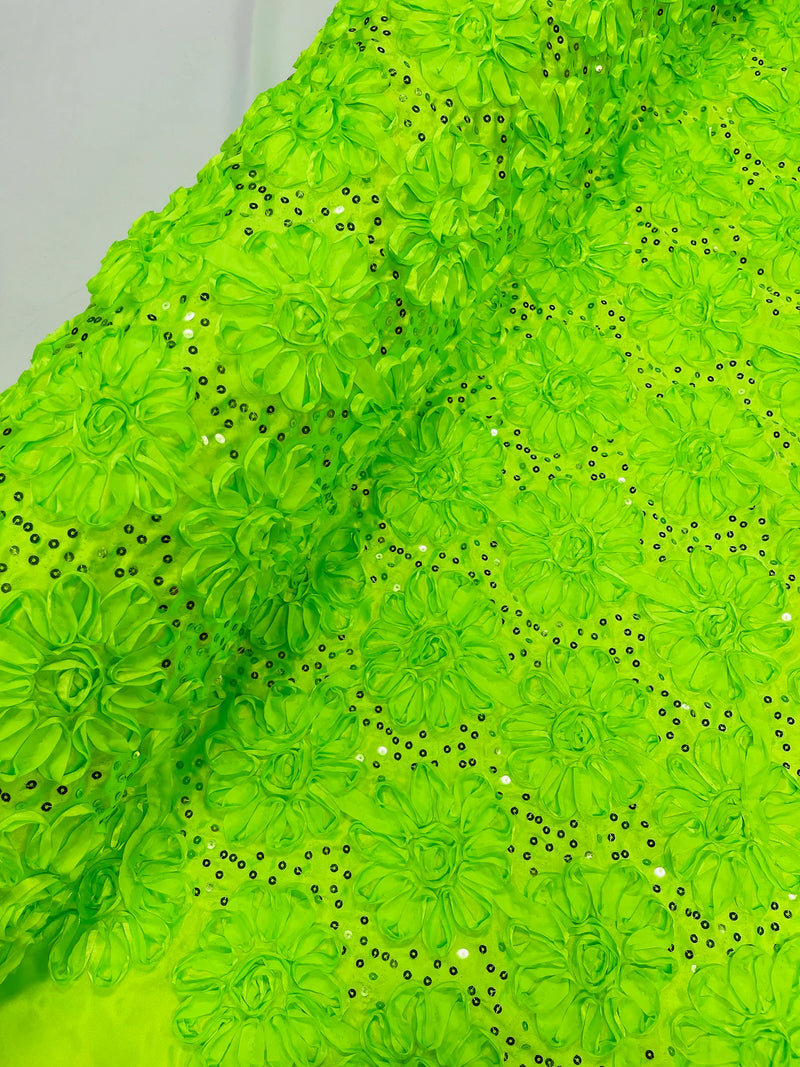 Satin Rosette Sequins Fabric - Lime Green - 3D Rosette Satin Rose Fabric with Sequins By Yard