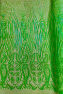 Paisley Sequin Fabric - Lime Green - Line Pattern 4 Way Stretch Elegant Fabric By The Yard