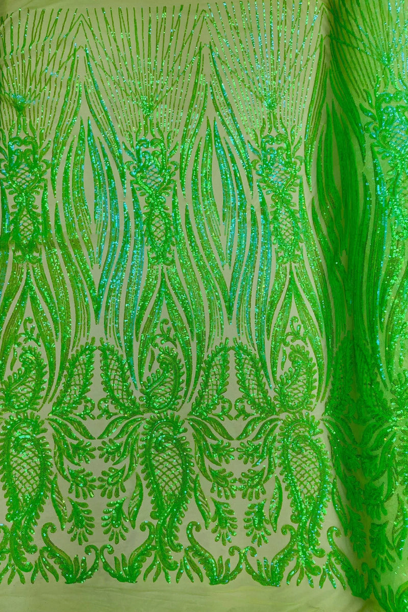 Paisley Sequin Fabric - Lime Green - Line Pattern 4 Way Stretch Elegant Fabric By The Yard