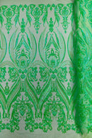 Big Damask Sequins Fabric - Lime Green Iridescent - 4 Way Stretch Damask Sequins Design Fabric By Yard