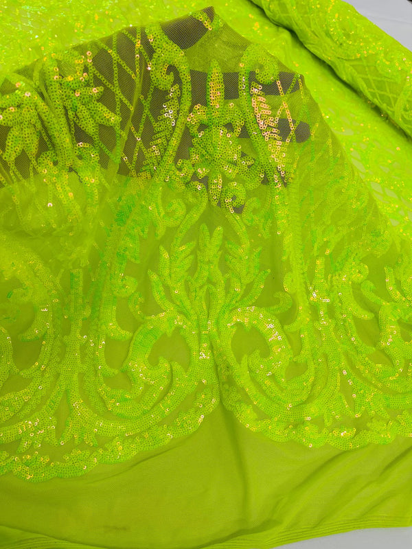 Heart Damask Sequins - Lime Green - 4 Way Stretch Sequins Fabric By Yard