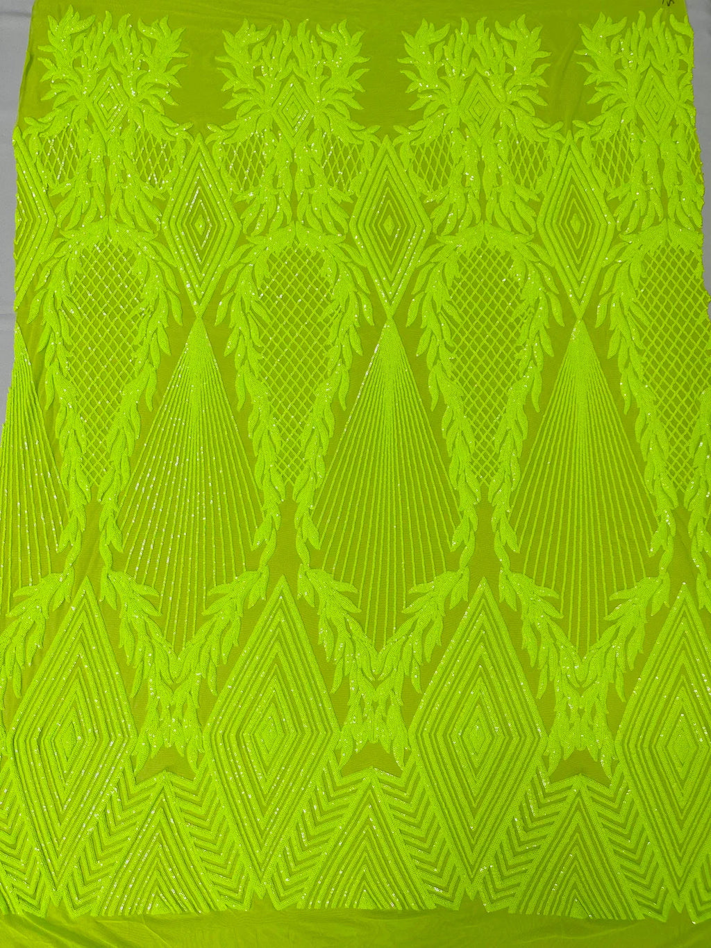 Triangle Sequin Fabric - Lime Green - Geometric Designs Spandex Mesh By Yard