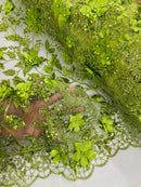 3D Flower Glitter Fabric - Lime Green - Floral Glitter Sequin Design on Lace Mesh Fabric by Yard