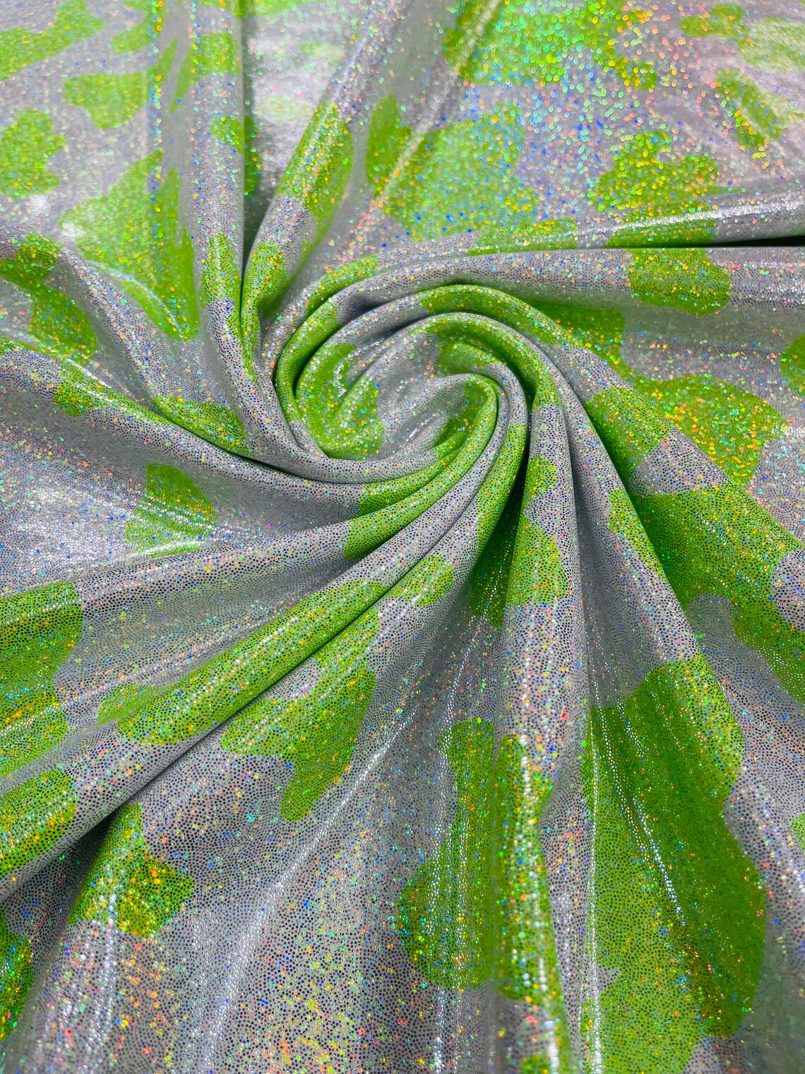 Cow Print Design Spandex - Lime Green - Holographic Print Poly Spandex 4 Way Stretch Fabric By Yard