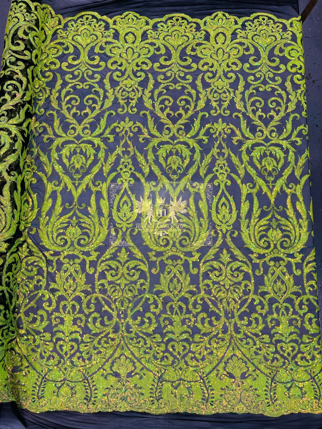 Damask Decor Sequins - Lime Green on Black Mesh - 4 Way Stretch Design High Quality Fabric