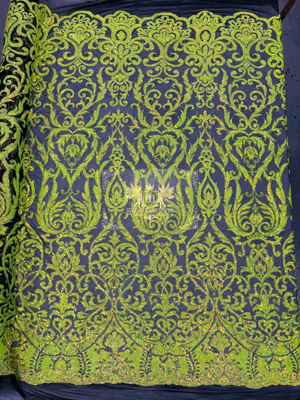 Damask Decor Sequins - Lime Green on Black Mesh - 4 Way Stretch Design High Quality Fabric