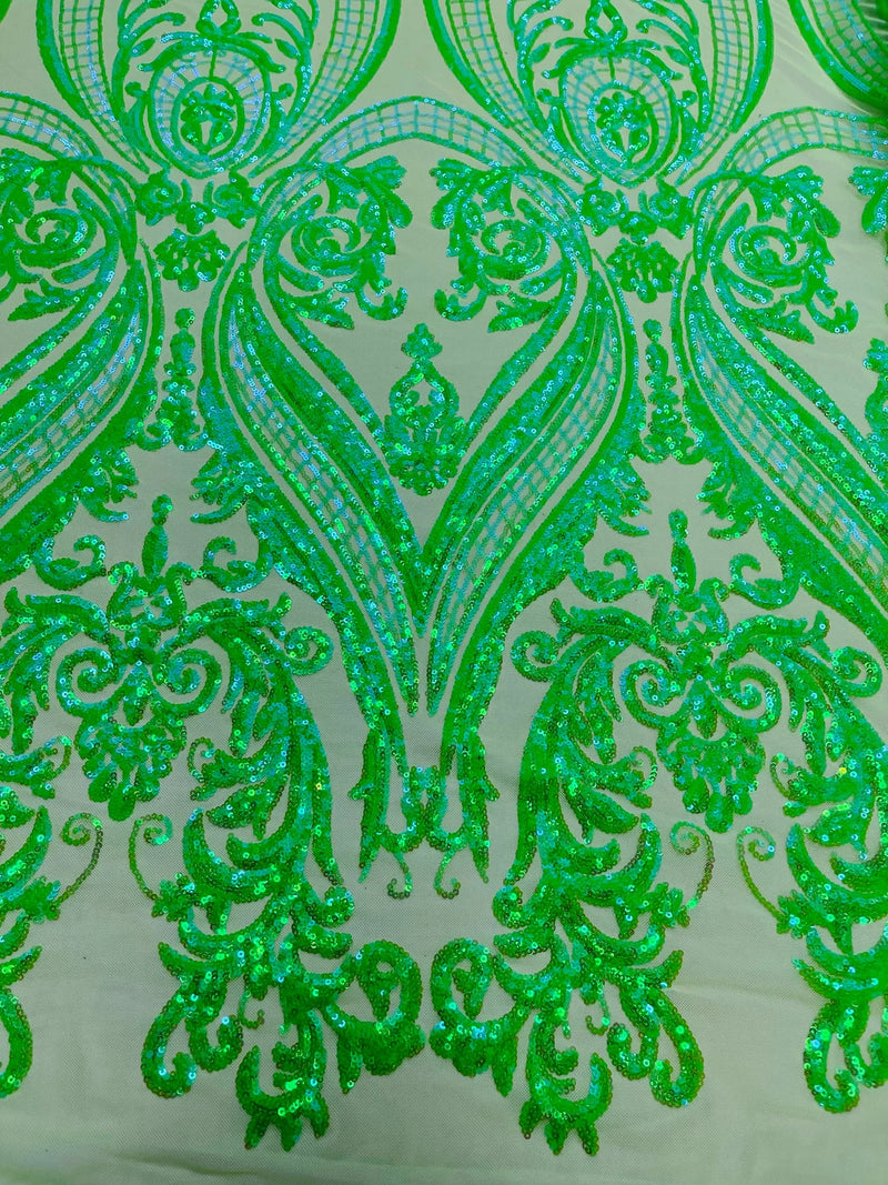 Big Damask Sequins Fabric - Lime Green Iridescent - 4 Way Stretch Damask Sequins Design Fabric By Yard