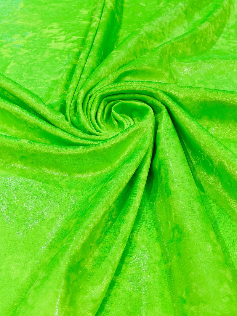 Iridescent Foggy Foil Fabric - Lime Green Iridescent - Oil Slick 58/60" Stretch Foil Velvet Black Light Fabric By Yard