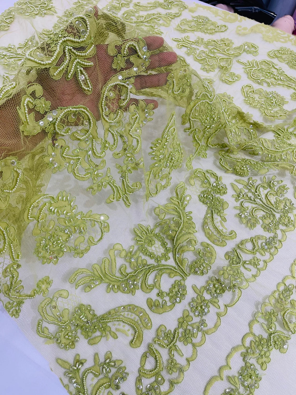 Beaded My Lady Damask Design - Lime Green - Beaded Fancy Damask Embroidered Fabric By Yard