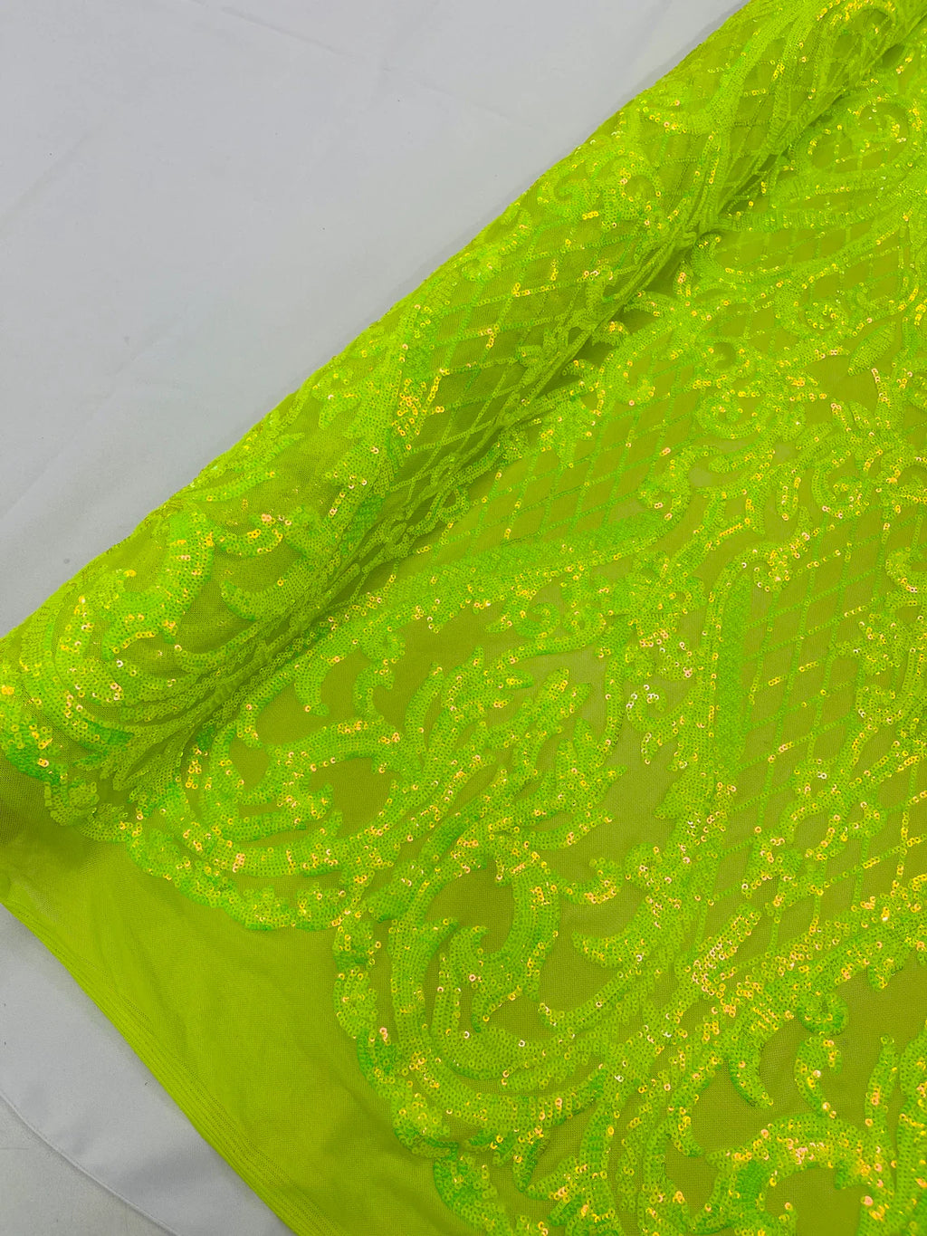 Heart Damask Sequins - Lime Green - 4 Way Stretch Sequins Fabric By Yard