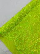 Heart Damask Sequins - Lime Green - 4 Way Stretch Sequins Fabric By Yard