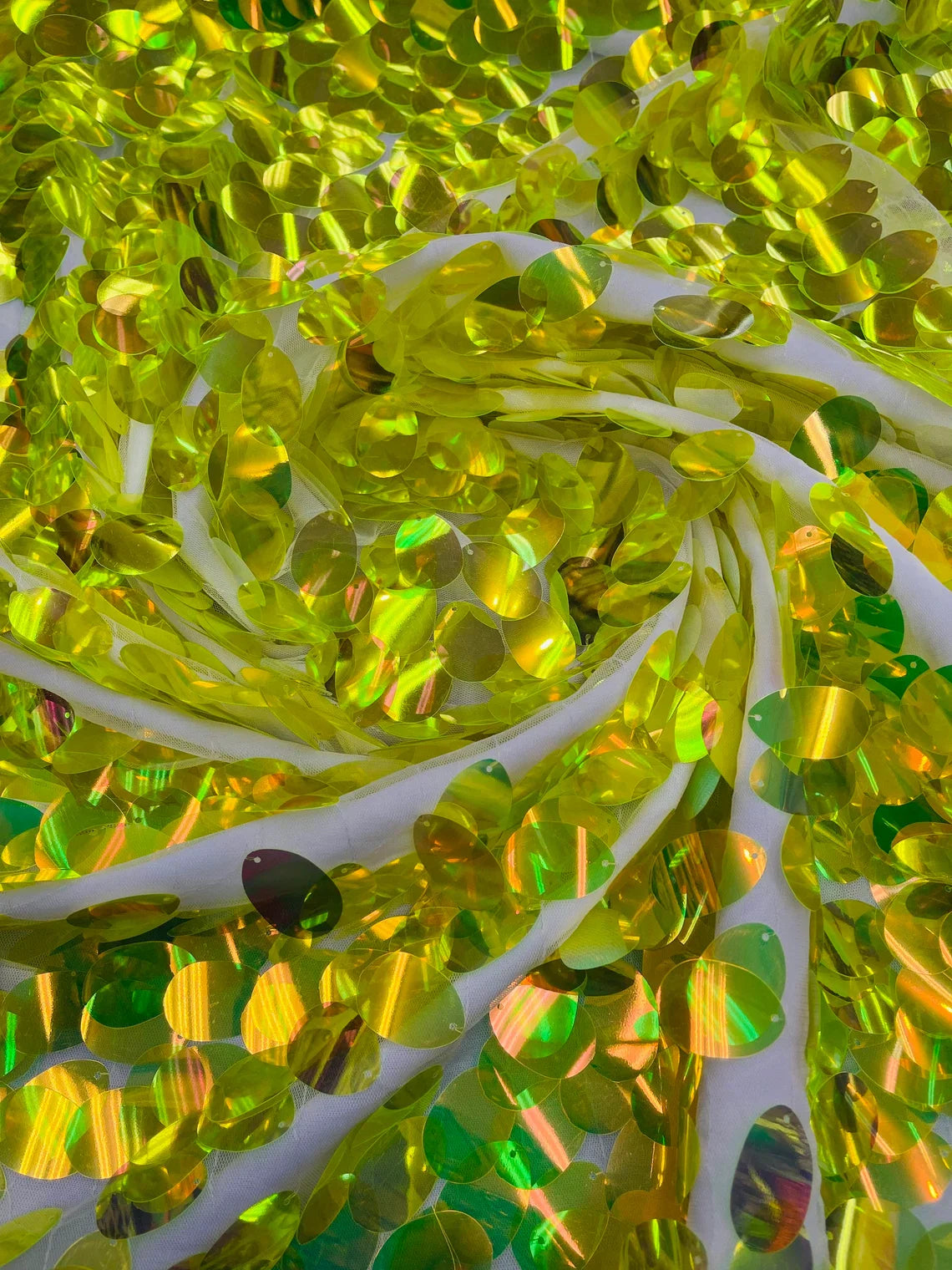 Iridescent Jumbo Oval Sequins - Lime Green - Paillette Oval Sequins Fabric on Mesh Sold By Yard