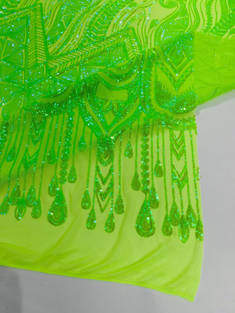 Zig Zag Design Sequins - Lime Green - 4 Way Stretch Embroidered Zig Zag Sequins Lace Fabric By The Yard