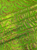 Tribal Swirl Spandex Fabric - Lime Green - Hologram Metallic 4-Way Stretch Milliskin Fabric by Yard