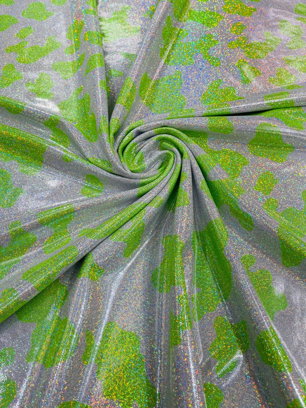 Cow Print Design Spandex - Lime Green - Holographic Print Poly Spandex 4 Way Stretch Fabric By Yard