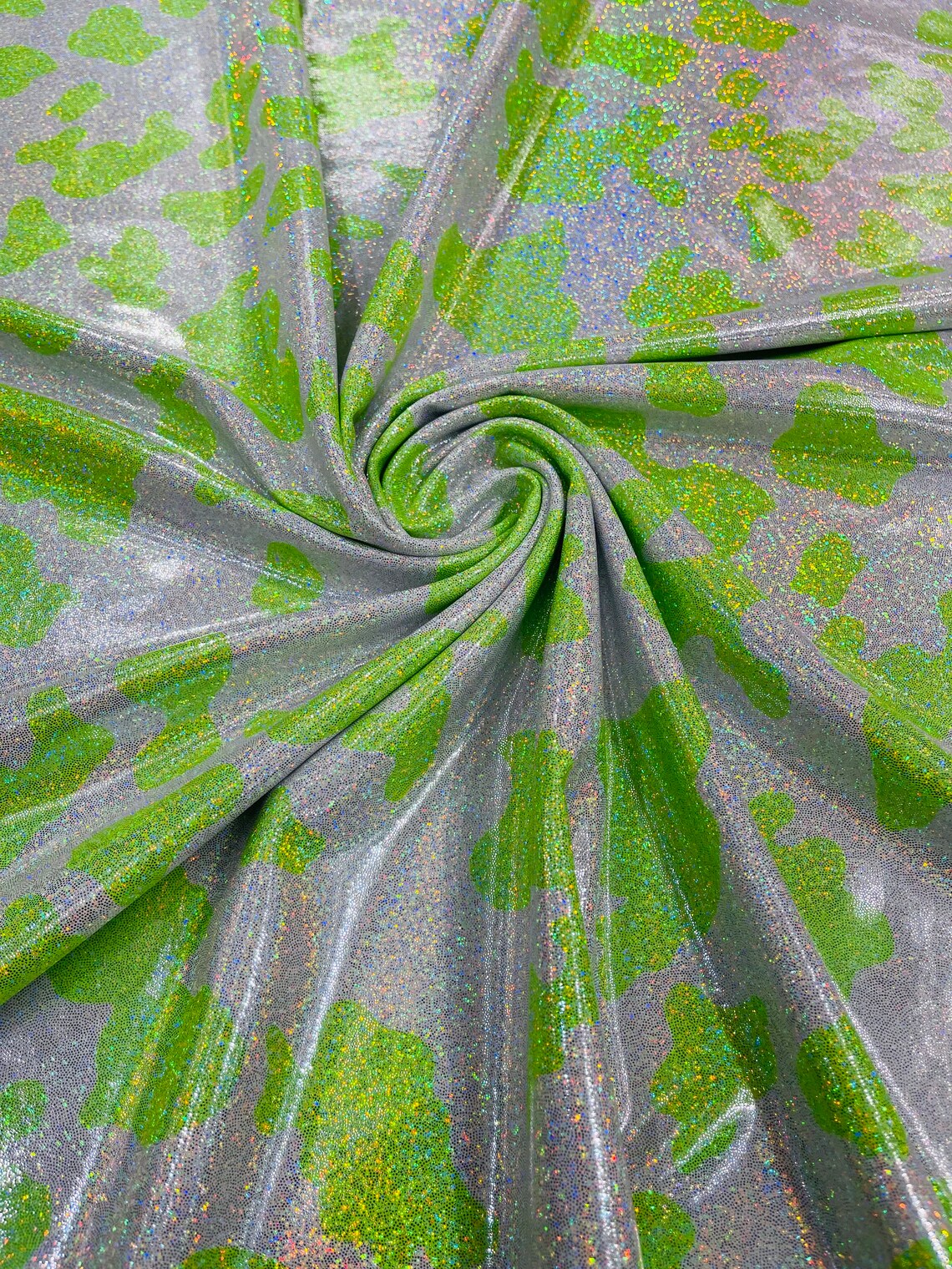 Cow Print Design Spandex - Lime Green - Holographic Print Poly Spandex 4 Way Stretch Fabric By Yard