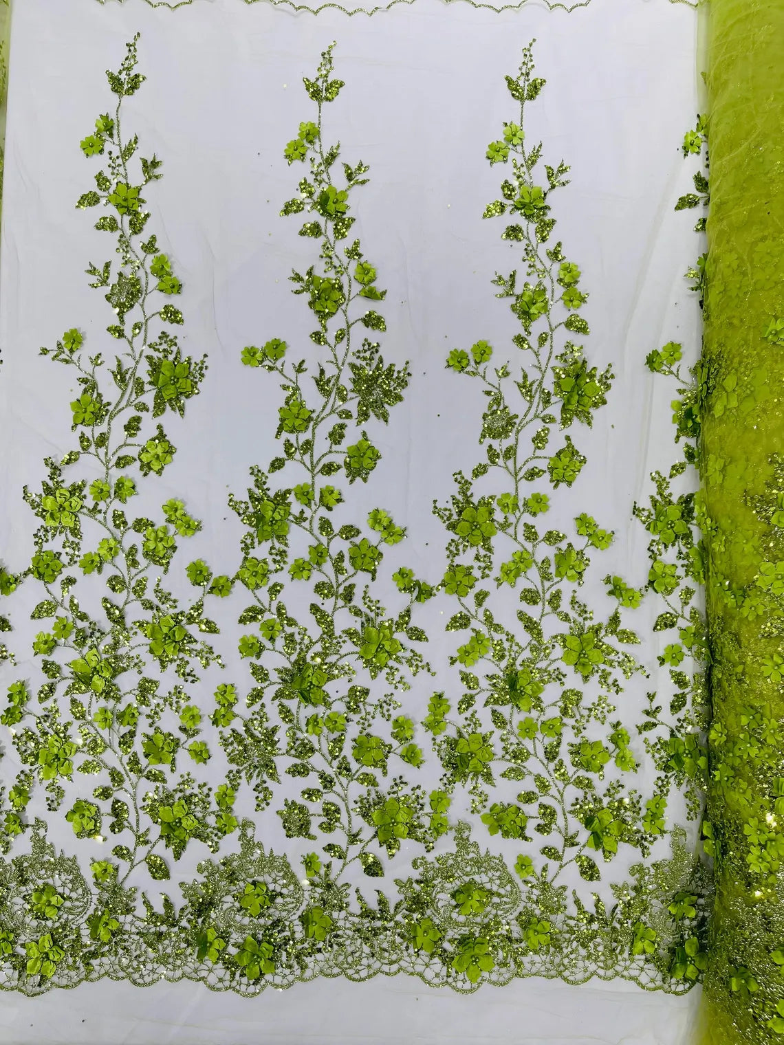 3D Flower Glitter Fabric - Lime Green - Floral Glitter Sequin Design on Lace Mesh Fabric by Yard