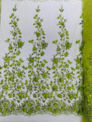 3D Flower Glitter Fabric - Lime Green - Floral Glitter Sequin Design on Lace Mesh Fabric by Yard