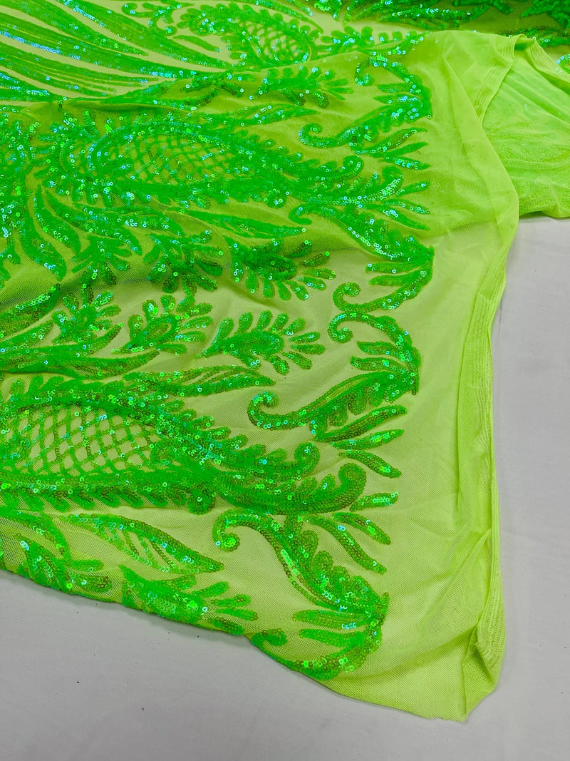 Paisley Sequin Fabric - Lime Green - Line Pattern 4 Way Stretch Elegant Fabric By The Yard
