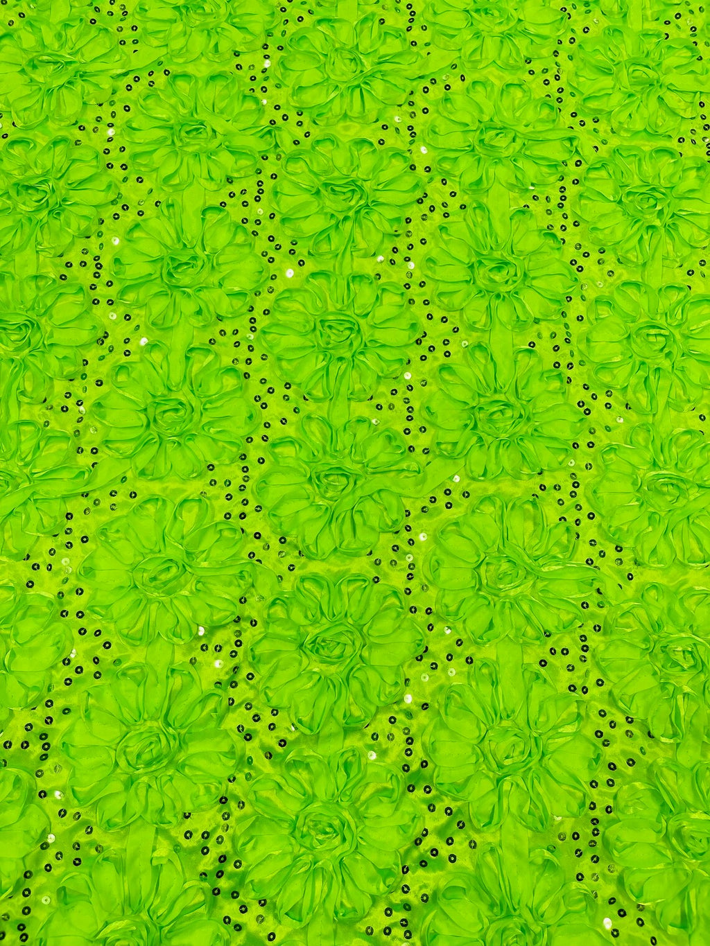 Satin Rosette Sequins Fabric - Lime Green - 3D Rosette Satin Rose Fabric with Sequins By Yard