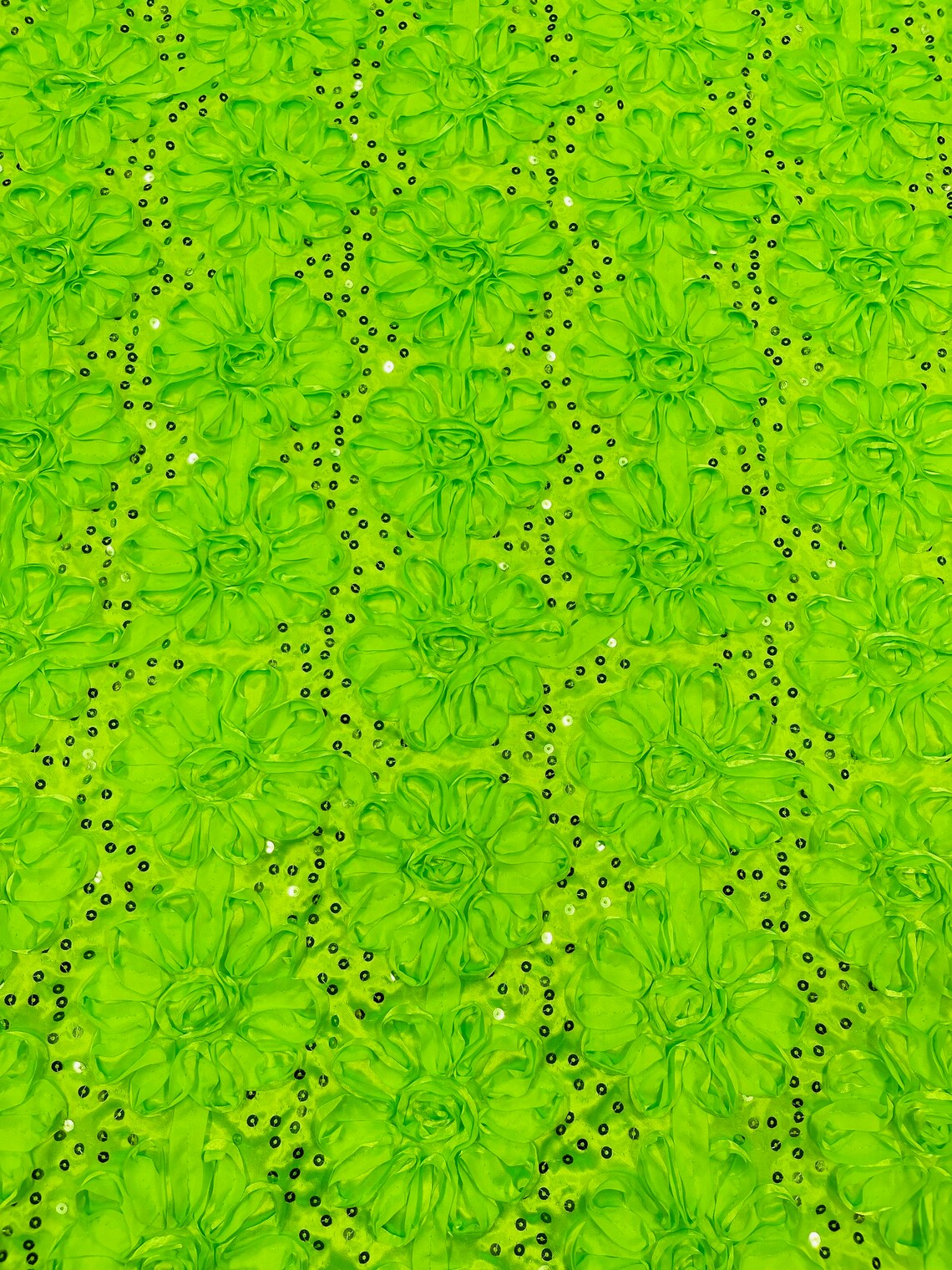 Satin Rosette Sequins Fabric - Lime Green - 3D Rosette Satin Rose Fabric with Sequins By Yard