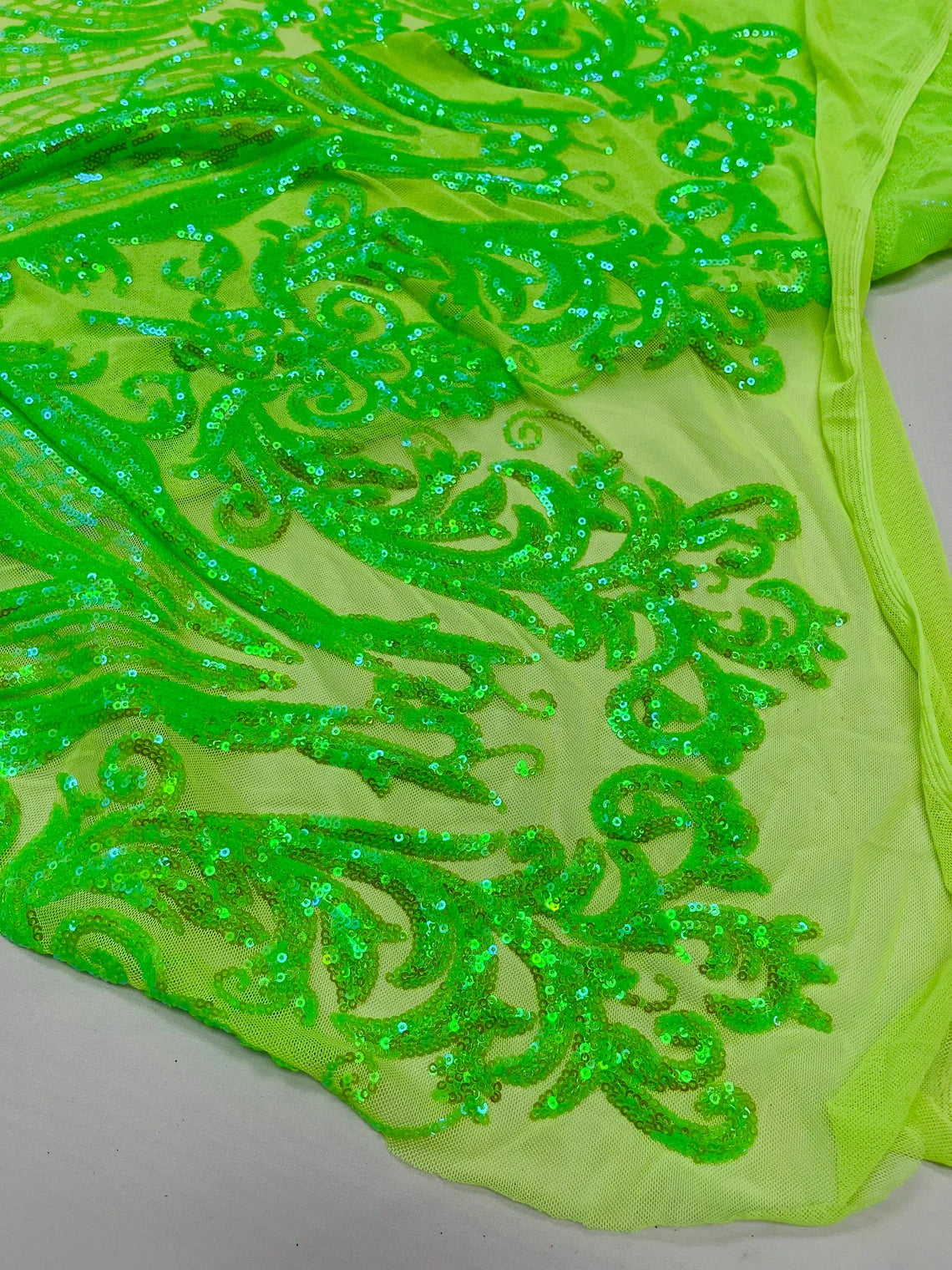 Big Damask Sequins Fabric - Lime Green Iridescent - 4 Way Stretch Damask Sequins Design Fabric By Yard