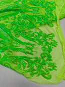 Big Damask Sequins Fabric - Lime Green Iridescent - 4 Way Stretch Damask Sequins Design Fabric By Yard