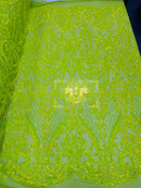 Heart Damask Sequins - Lime Green - 4 Way Stretch Sequins Fabric By Yard