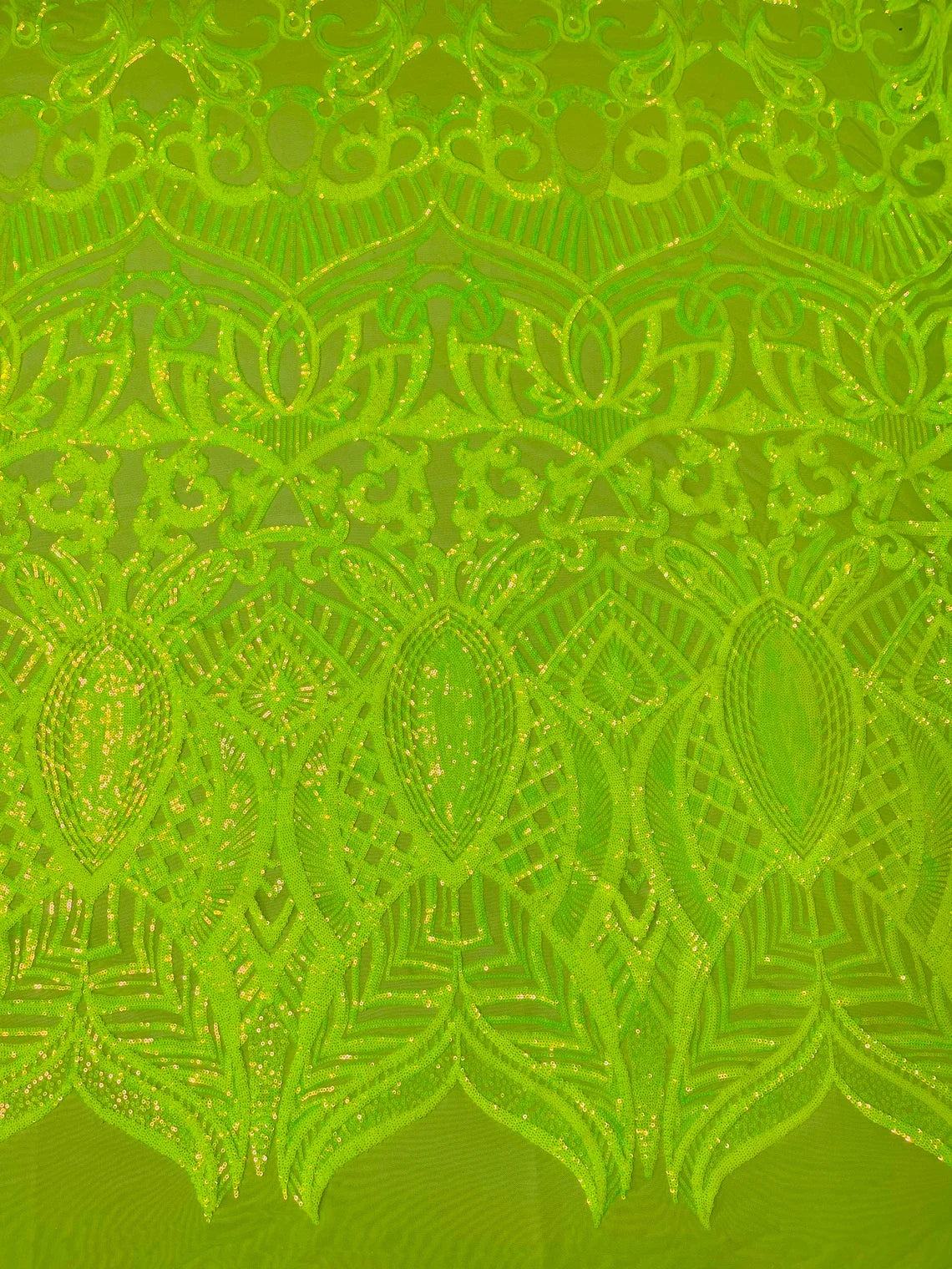 Lime Green Iridescent - 4 Way Stretch Embroidered Royalty Sequins Design Fabric By Yard