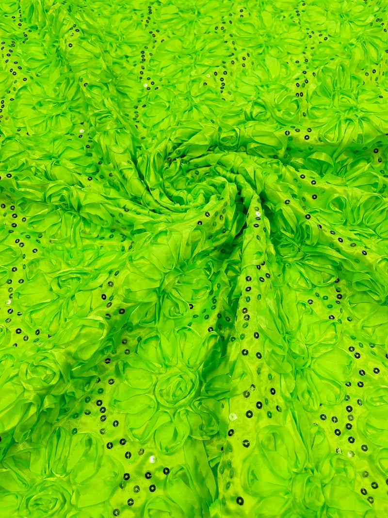 Satin Rosette Sequins Fabric - Lime Green - 3D Rosette Satin Rose Fabric with Sequins By Yard