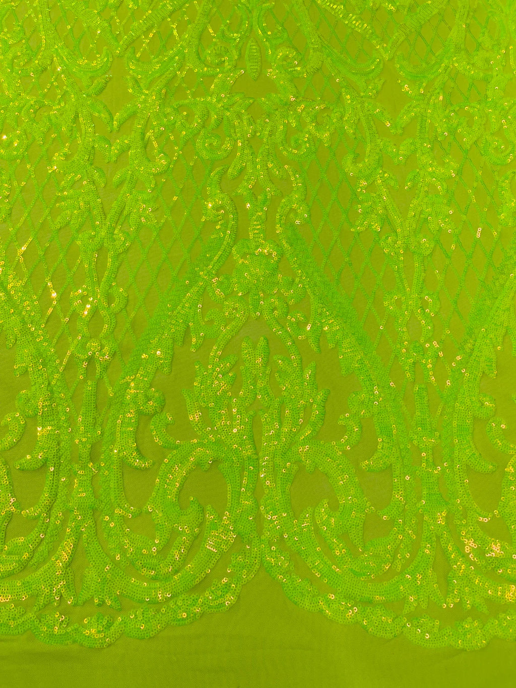 Heart Damask Sequins - Lime Green - 4 Way Stretch Elegant Shiny Net Sequins Fabric By Yard