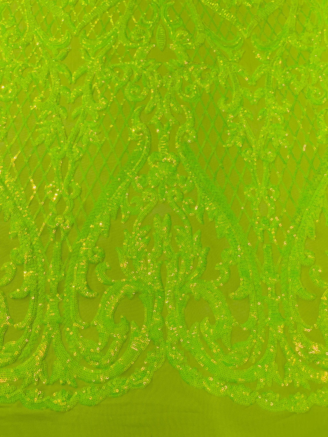 Heart Damask Sequins - Lime Green - 4 Way Stretch Elegant Shiny Net Sequins Fabric By Yard