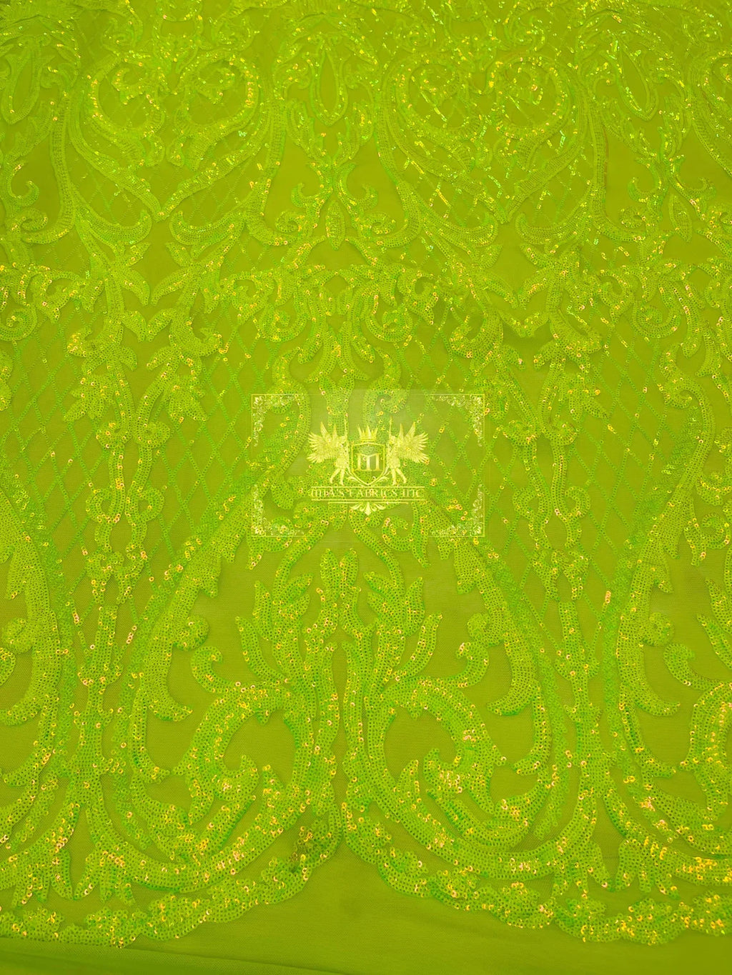 Heart Damask Sequins - Lime Green - 4 Way Stretch Elegant Shiny Net Sequins Fabric By Yard