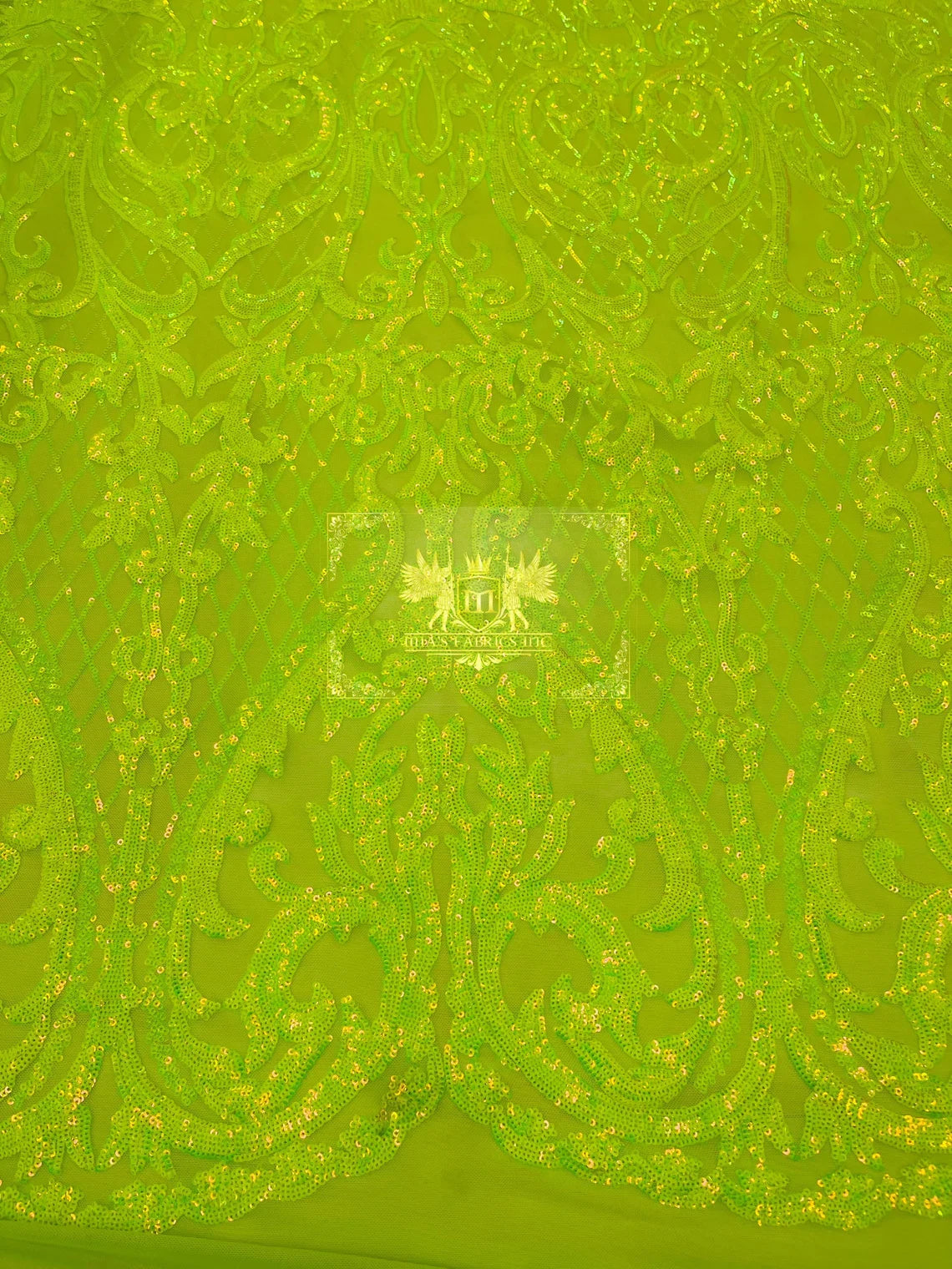 Heart Damask Sequins - Lime Green - 4 Way Stretch Elegant Shiny Net Sequins Fabric By Yard