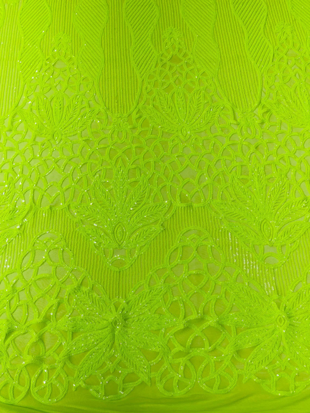 Elegant Floral Leaf Design - Lime Green - 4 Way Stretch Sequins Lace Spandex Fabric By Yard