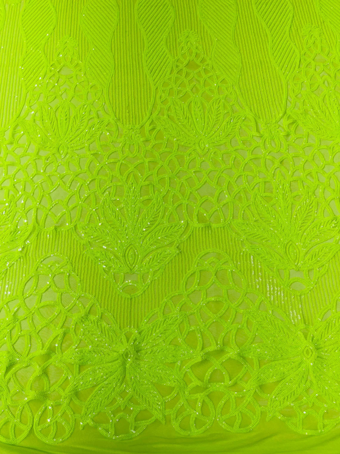 Elegant Floral Leaf Design - Lime Green - 4 Way Stretch Sequins Lace Spandex Fabric By Yard