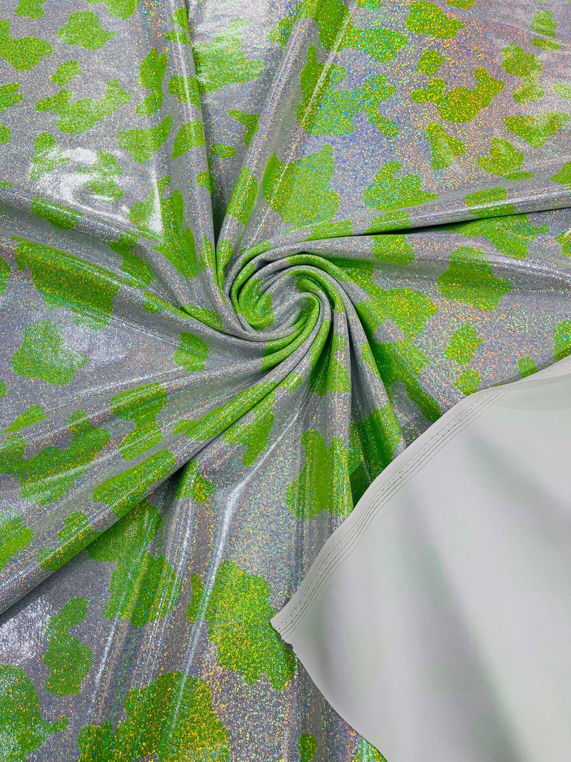 Cow Print Design Spandex - Lime Green - Holographic Print Poly Spandex 4 Way Stretch Fabric By Yard