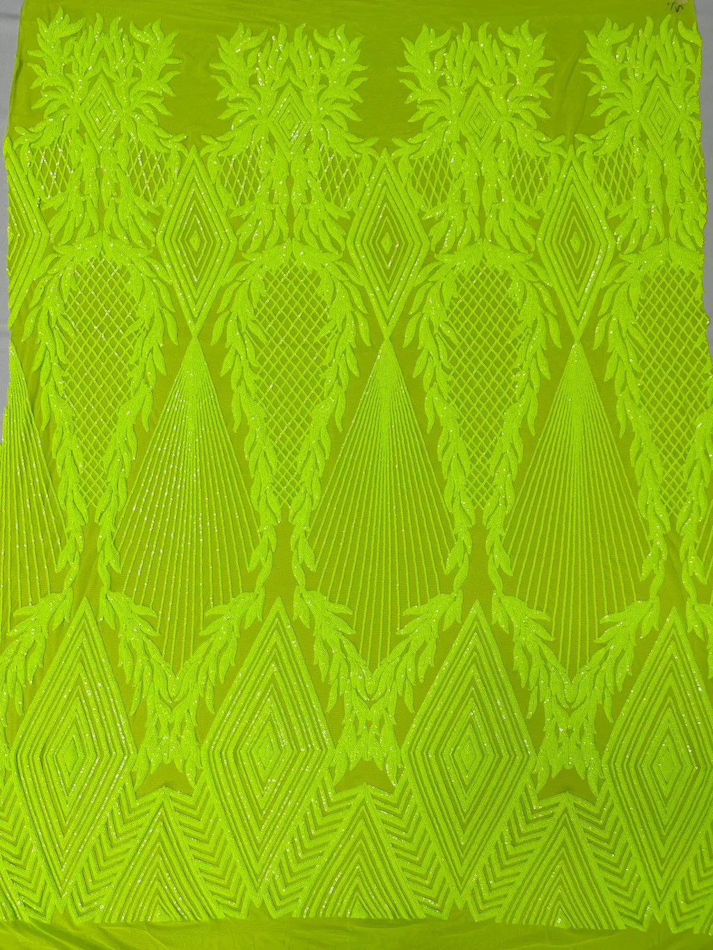 Triangle Sequin Fabric - Lime Green - Geometric Designs Spandex Mesh By Yard