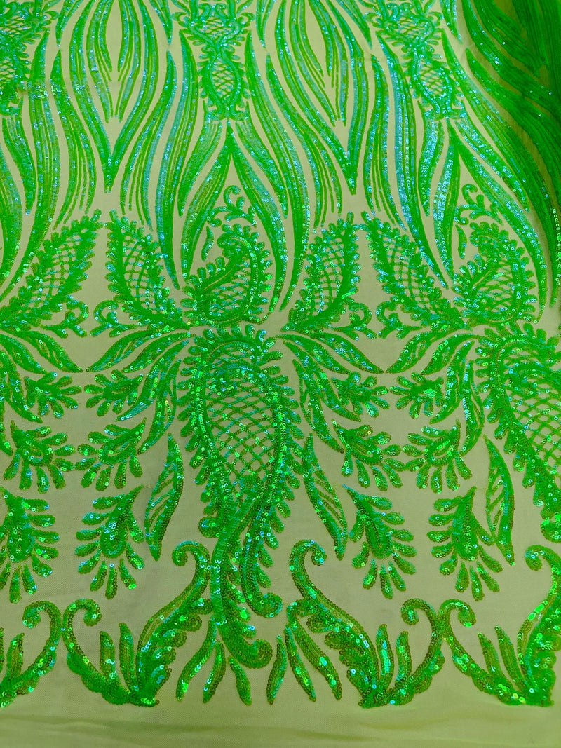Paisley Sequin Fabric - Lime Green - Line Pattern 4 Way Stretch Elegant Fabric By The Yard