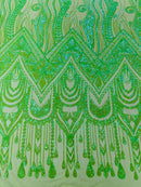 Zig Zag Design Sequins - Lime Green - 4 Way Stretch Embroidered Zig Zag Sequins Lace Fabric By The Yard