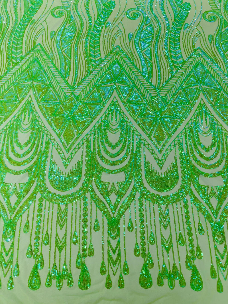 Zig Zag Design Sequins - Lime Green - 4 Way Stretch Embroidered Zig Zag Sequins Lace Fabric By The Yard