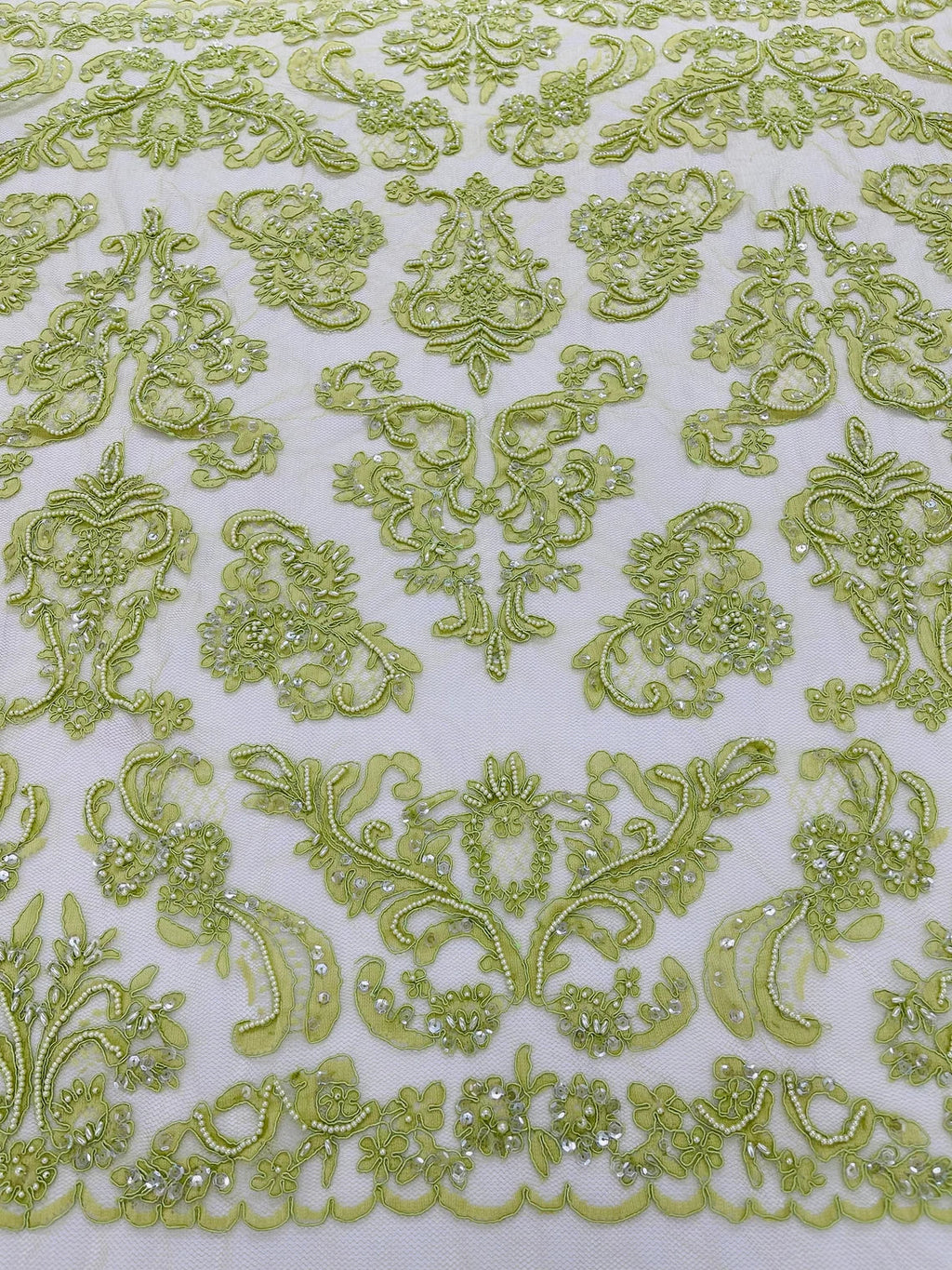 Beaded My Lady Damask Design - Lime Green - Beaded Fancy Damask Embroidered Fabric By Yard