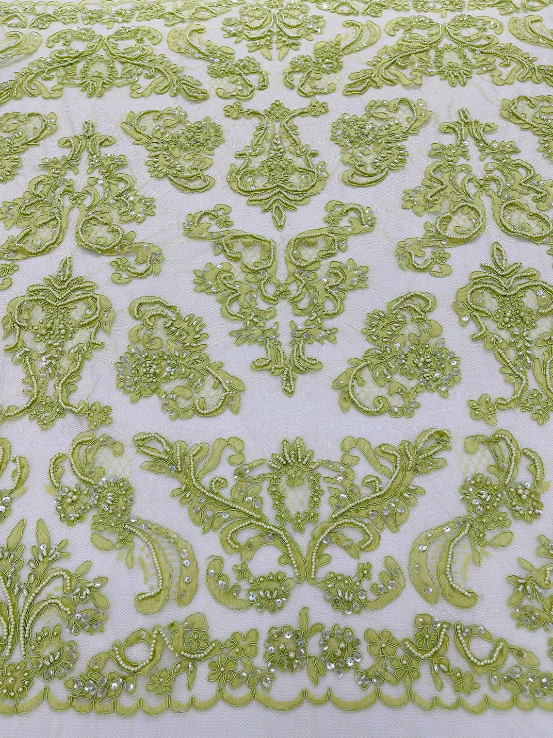 Beaded My Lady Damask Design - Lime Green - Beaded Fancy Damask Embroidered Fabric By Yard
