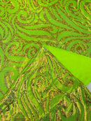 Tribal Swirl Spandex Fabric - Lime Green - Hologram Metallic 4-Way Stretch Milliskin Fabric by Yard
