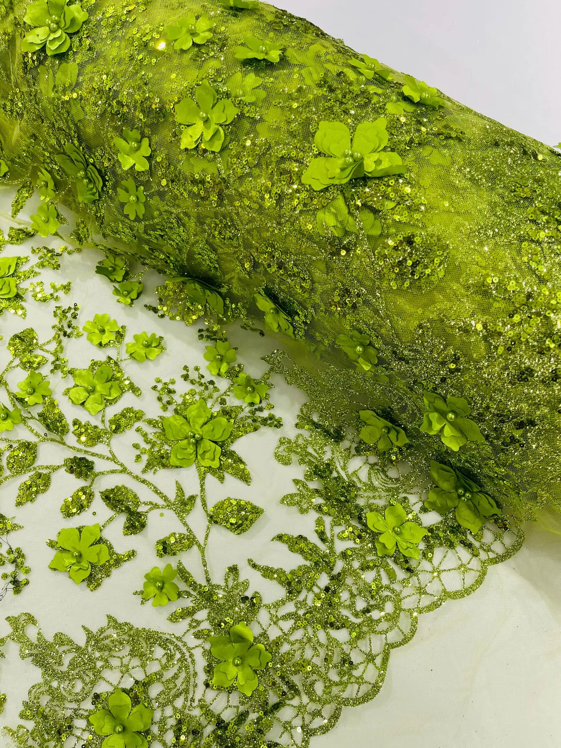 3D Flower Glitter Fabric - Lime Green - Floral Glitter Sequin Design on Lace Mesh Fabric by Yard