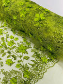 3D Flower Glitter Fabric - Lime Green - Floral Glitter Sequin Design on Lace Mesh Fabric by Yard