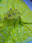 Heart Damask Sequins - Lime Green - 4 Way Stretch Sequins Fabric By Yard