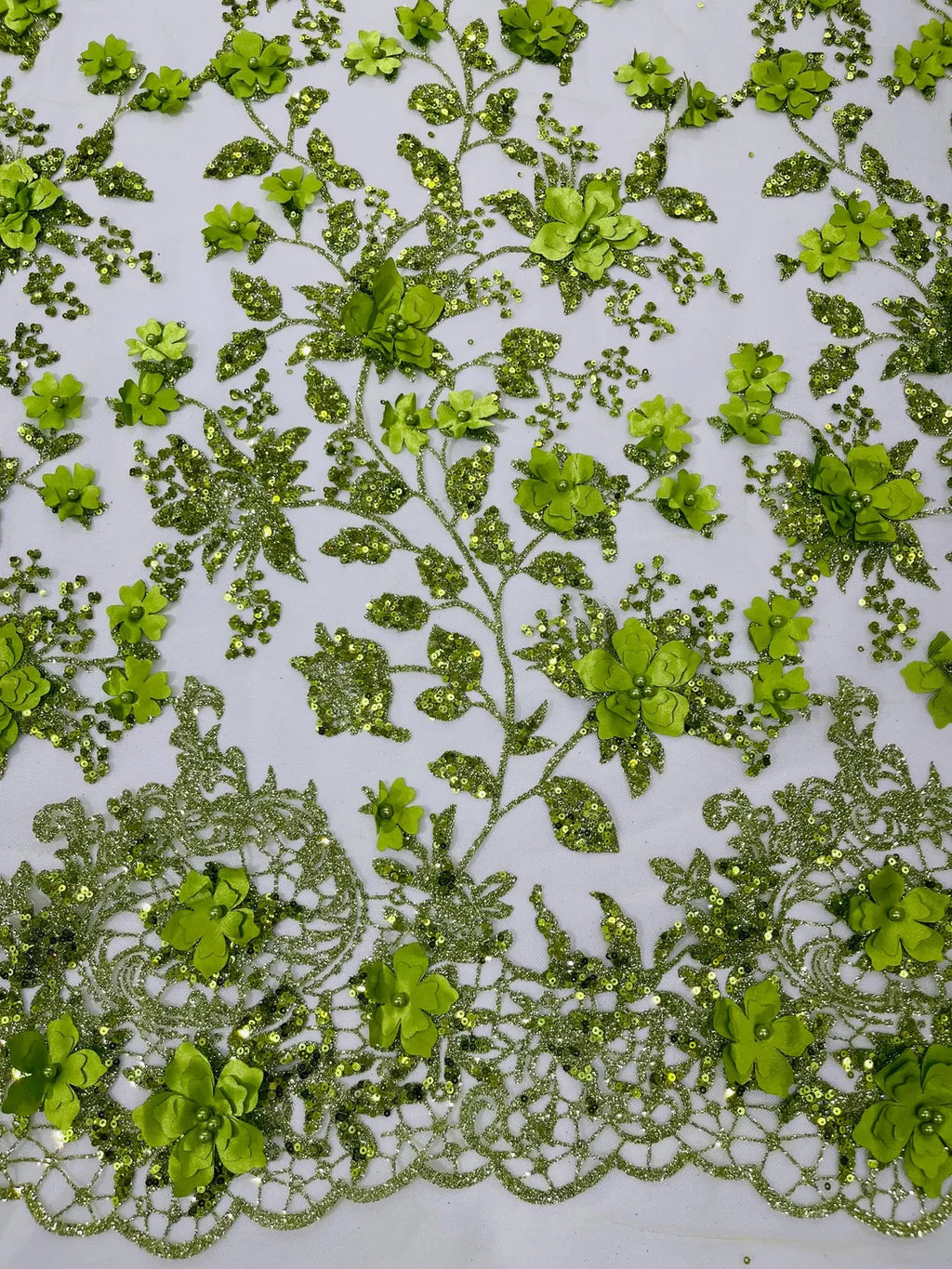 3D Flower Glitter Fabric - Lime Green - Floral Glitter Sequin Design on Lace Mesh Fabric by Yard